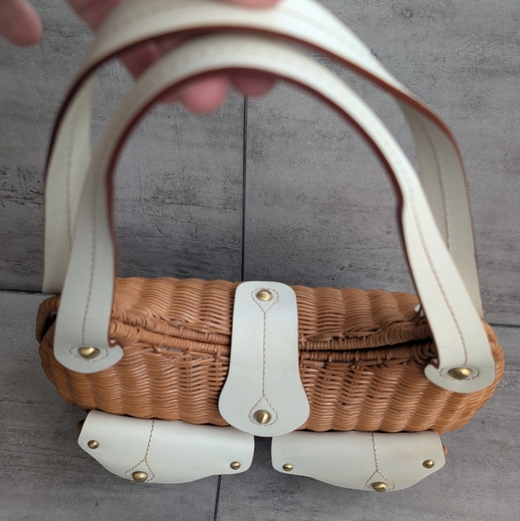 Savoy Anthropologie Woven Tan and White Woven Wicker Picnic Purse Handbag - Picture 9 of 15